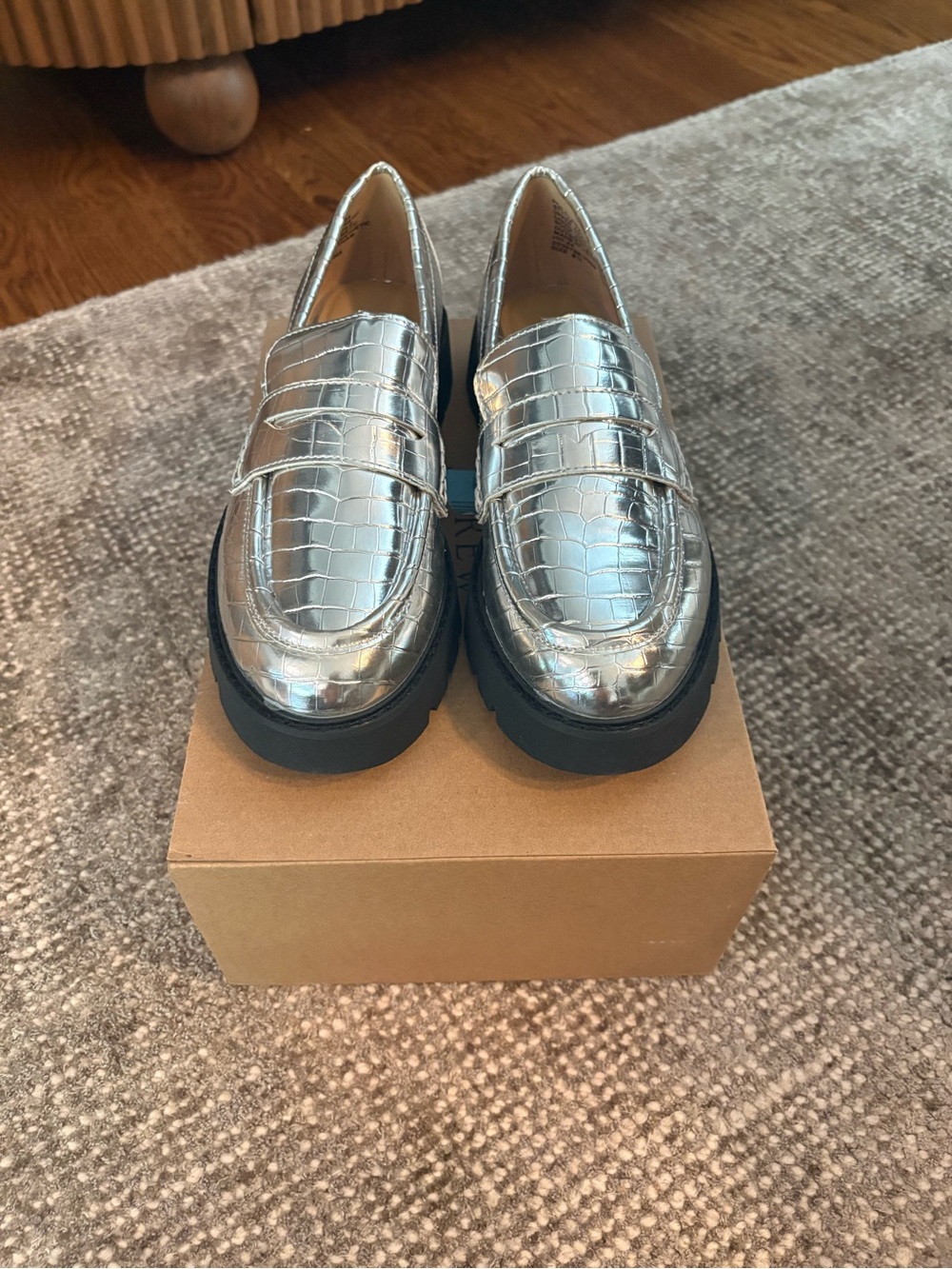 Women’s Silver Croc-Embossed Penny Loafers